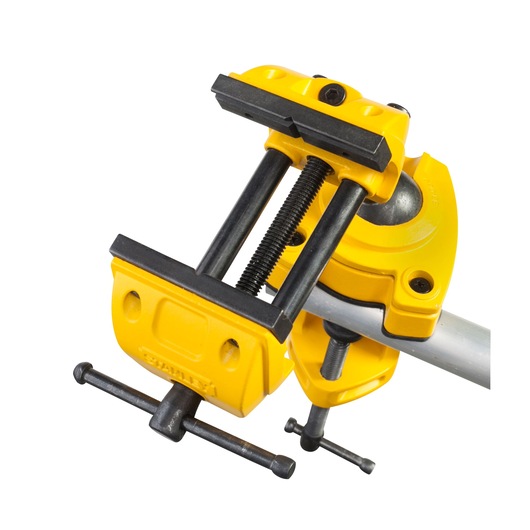 STANLEY 1-83-069 photography of yellow bench vise clamp, angled view on white background.