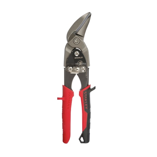 Photo of STANLEY 2-14-567 aviation snips with black and red handles, front view on white background.