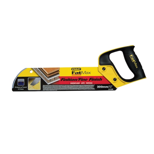 Photo of STANLEY 2-17-204 FatMax fine finish saw, yellow and black handle, 300mm blade, side angle.
