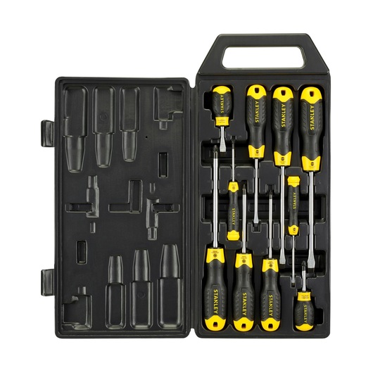STANLEY 2-65-014 screwdriver set in black case, top view, showing eight screwdrivers with black and yellow handles.