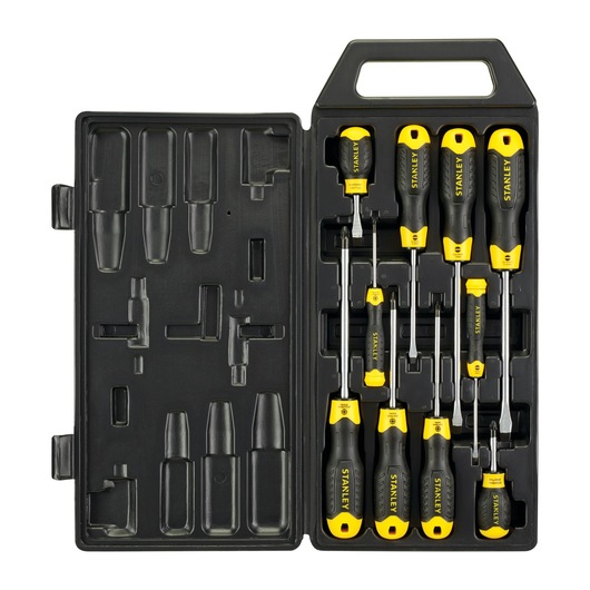 STANLEY 2-65-014 screwdriver set with black and yellow handles in black carrying case, top down view.