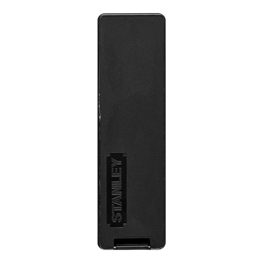 Photo of STANLEY 3-11-301 slim black utility blade dispenser, front view on white background.