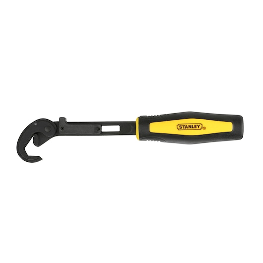 STANLEY 4-87-989 adjustable hook spanner with black and yellow handle, side angle, white background.
