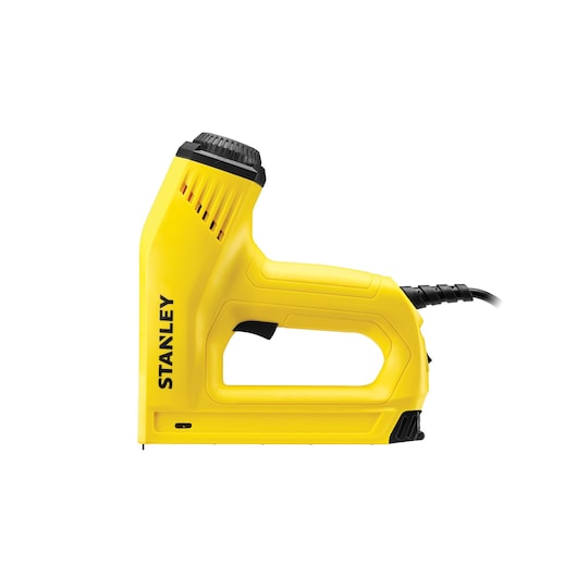 STANLEY 6-TRE550 electric stapler, yellow, side angle photo on white background.