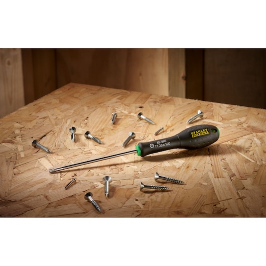STANLEY® FATMAX® Tamperproof Torx® TT20 x 100mm Screwdriver Environment Shot In a Workshpt Background