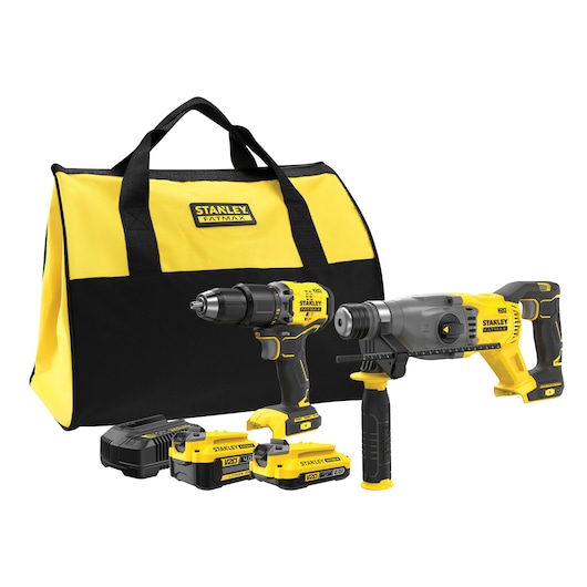 18V STANLEY® FATMAX® V20 2-Piece Cordless Brushless Combo Kit with 1 x 2.0Ah and 1 x 4.0Ah Lithium Ion Batteries and Soft Bag