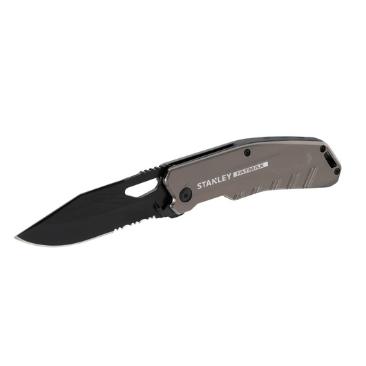 Stanley FatMax folding knife with a partially serrated blade and metallic handle.