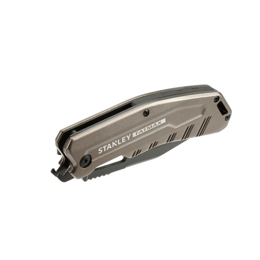 Photo of STANLEY FMHT0-10312 folding utility knife, closed position, metallic grey handle, angled on white background.