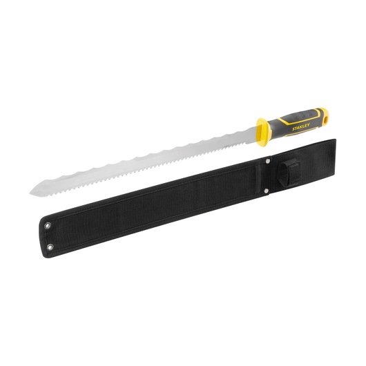 STANLEY FMHT10327-1 machete with serrated blade, yellow and black handle, and black sheath, side angle.