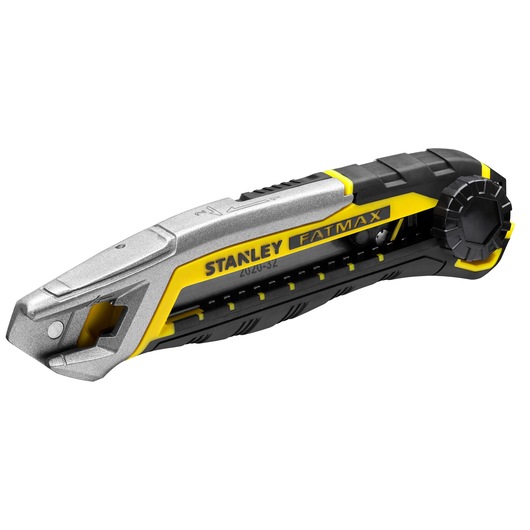 Stanley FATMAX utility knife, angled side view on white background, featuring yellow and black ergonomic handle.