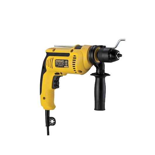 STANLEY SDH700CK yellow corded hammer drill with side handle, front angle on white background.