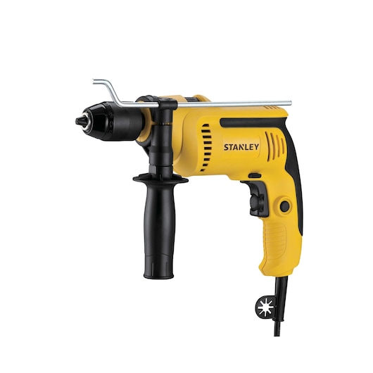 Photo of STANLEY SDH700CK yellow corded hammer drill with side handle, front angle, product photography.