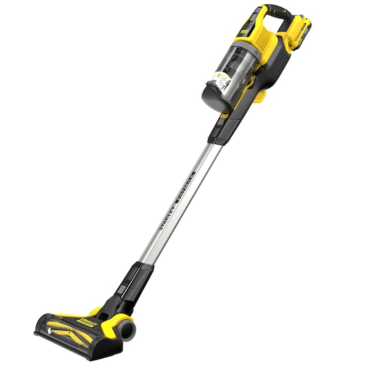 STANLEY SFMCVS001D1 cordless stick vacuum, yellow and black, side angle on white background.