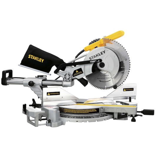 STANLEY SM18-B2C miter saw, front angle, silver and black body with yellow handle and dust bag.