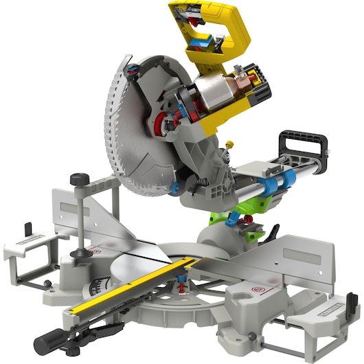 STANLEY SM18 sliding miter saw, photography of front angle showing blade, base, and yellow handle.