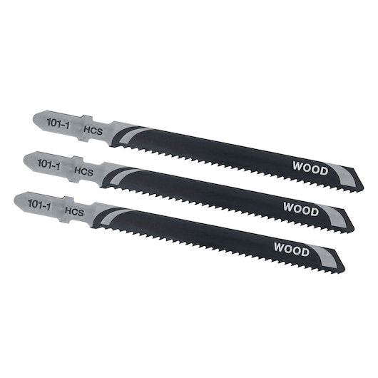 STANLEY STA20053 jigsaw blades for wood, black and silver, three-piece set, side angle, white background.