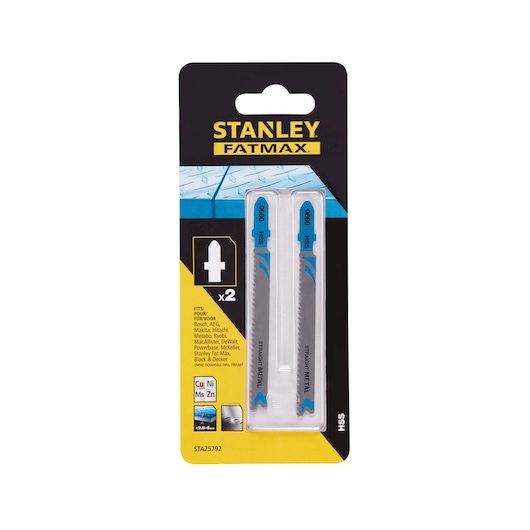 STANLEY FATMAX STA25792 jigsaw blades twin pack in retail packaging, straight metal cutting blades, front view.