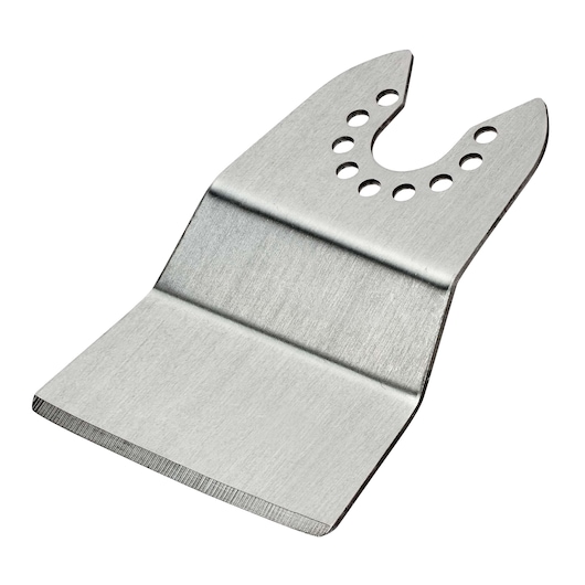 STANLEY STA26135 oscillating tool scraping blade, silver metal, photography, front angle on white background.