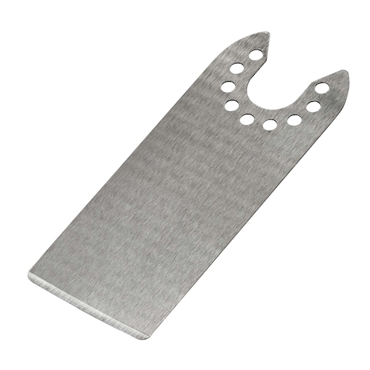 Photo of STANLEY STA26140 rectangular steel oscillating tool blade with rounded cutout and multiple holes, angled view.