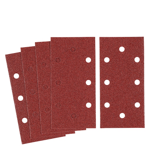 Photo of STANLEY STA31517 rectangular sanding sheets, red color, six sheets stacked, multiple round holes visible, top view.