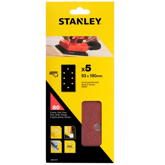 STANLEY STA31517 sandpaper sheets pack, coarse grit 80, 93x190mm, photo on white background