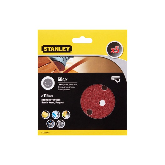 STANLEY STA32002 sanding discs 115mm, coarse 60G, red, pack of 5, front packaging photo.