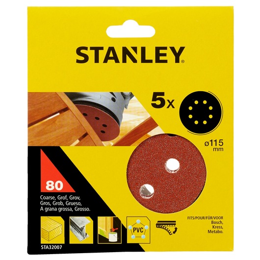 STANLEY STA32007 sanding discs pack, 80 grit, coarse, 115mm, set of 5, front view on yellow packaging.