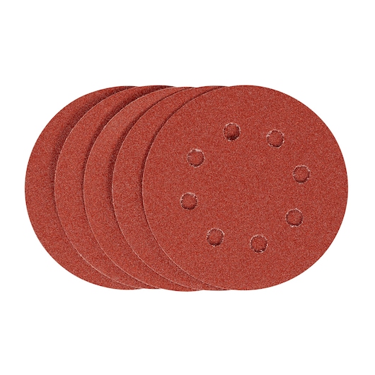 STANLEY STA32012 pack of round red sanding discs with 8 holes, front angle, abrasive accessory.