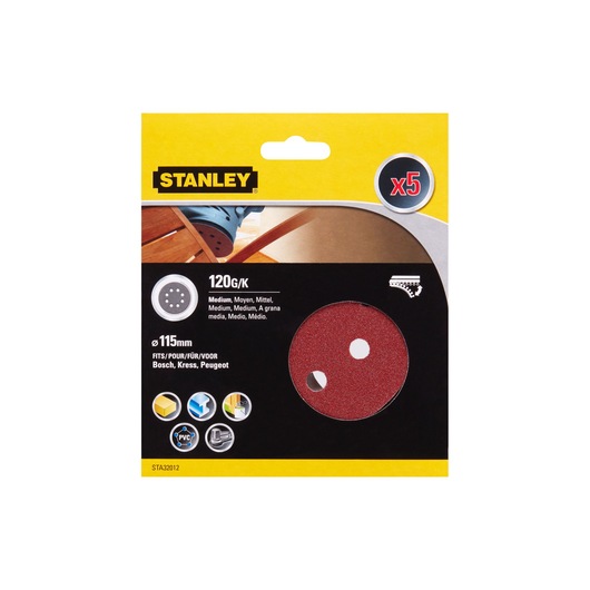 Photo of STANLEY STA32012 sanding discs 120 grit, 115mm, 5 pack, red, front packaging on white background.