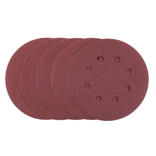STANLEY STA32037 abrasive sanding discs, set of five, brown, round, with perforation, top view.