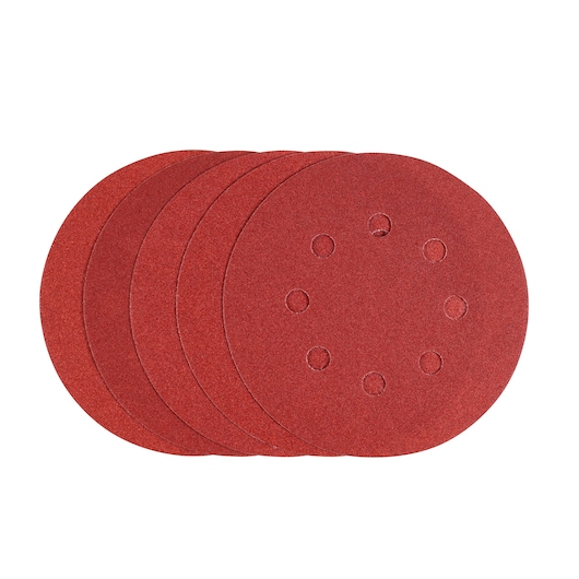 Photo of STANLEY STA32042 round sanding discs with holes, red, product photography, flat angle.