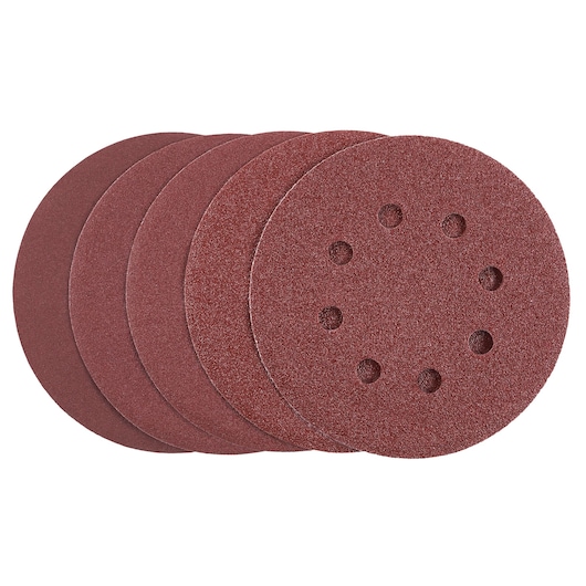 STANLEY STA32047 sanding discs, brown, set of five photographed from front on white background.