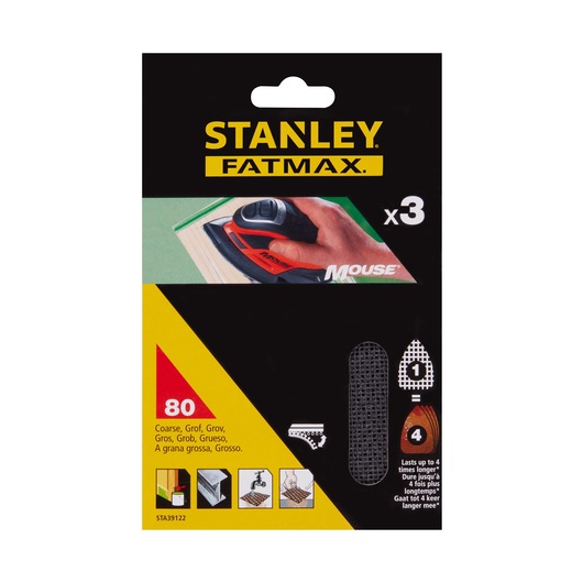 STANLEY STA39122 coarse mesh sanding sheets pack, FatMax, for Mouse sanders, front packaging photo.