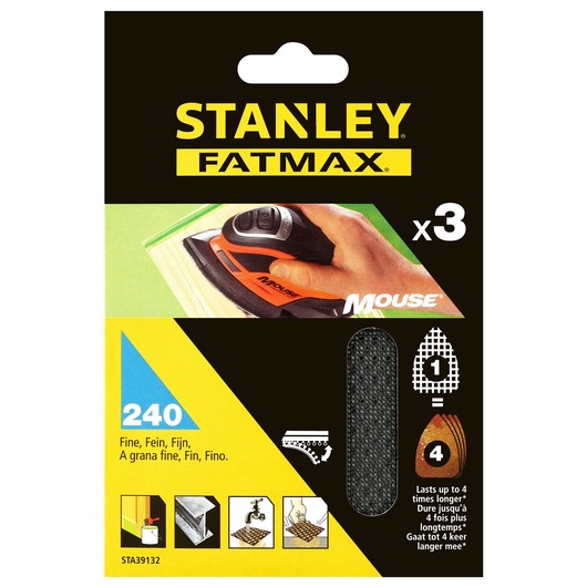 STANLEY STA39132 FatMax Mouse sanding sheets pack, 240 grit, black, fine, front angle.