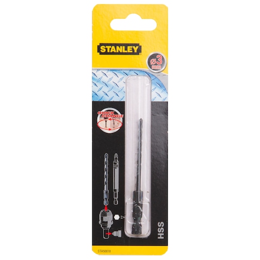 Stanley STA50018 HSS 3mm drill bit in retail packaging, front view on white background.