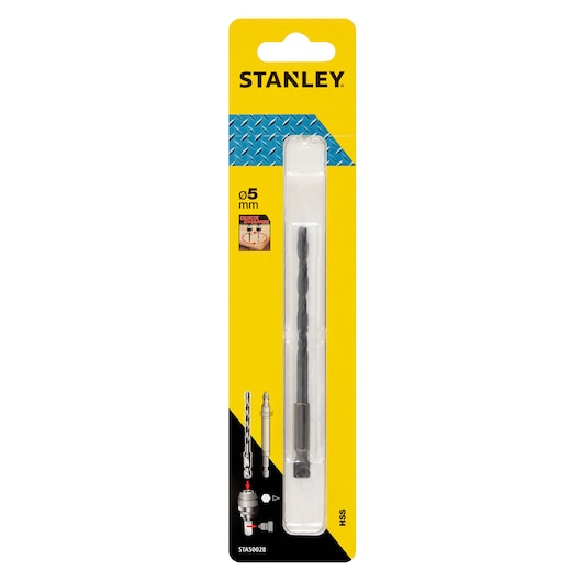 Stanley STA50028 HSS drill bit 5mm, packaged front view, yellow and black card backing.