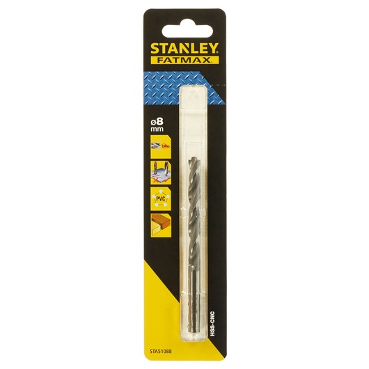 STANLEY STA51088 8mm HSS-CNC drill bit in retail packaging, vertical front view.