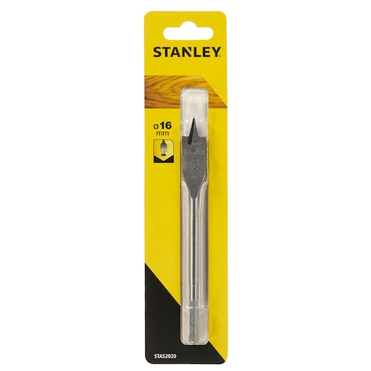 STANLEY STA52020 flat wood drill bit 16mm in yellow and black retail packaging, front view.