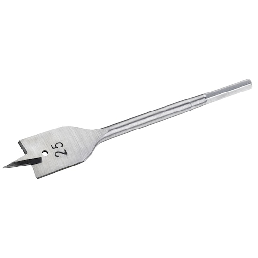 STANLEY STA52050 flat wood drill bit, 25mm size, silver, close-up on white background.