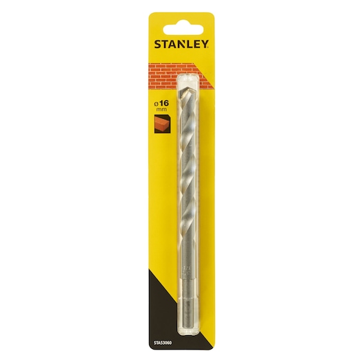 STANLEY STA53060 masonry drill bit 16mm, silver, in retail packaging, front angle on white background.