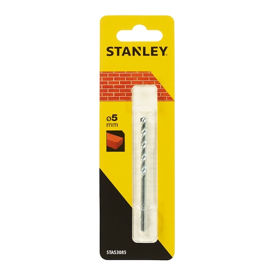 STANLEY STA53085-QZ masonry drill bit 5mm in retail packaging, front angle, yellow and black design.