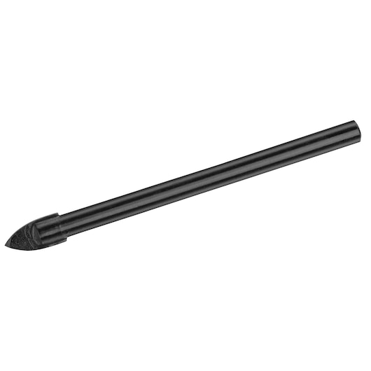 STANLEY STA53237 black carbide tipped tile drill bit, side angle on white background.