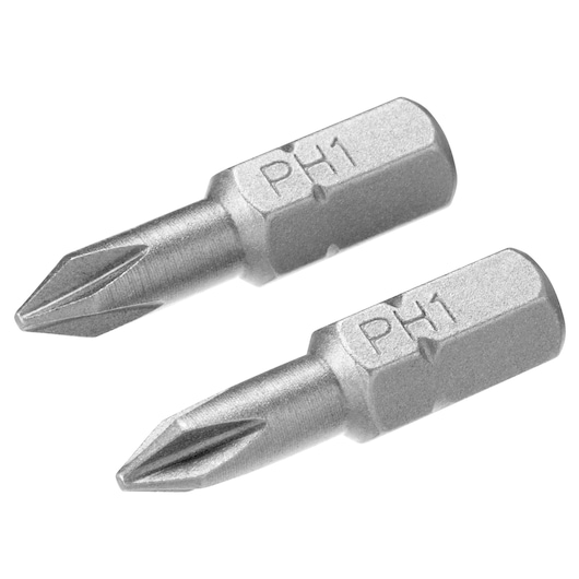 Photo of STANLEY STA61020 PH1 screwdriver bits, silver finish, close-up on white background.
