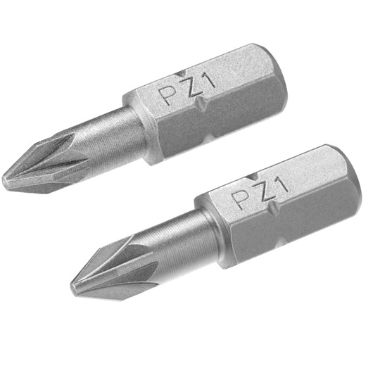 STANLEY STA61040 two silver PZ1 screwdriver bits, side angle, on white background.