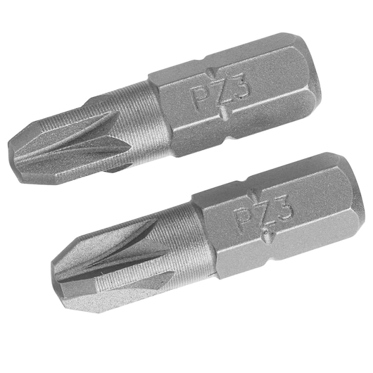 STANLEY STA61042 photography of two PZ3 Pozidriv screwdriver bits, silver finish, side view on white background.