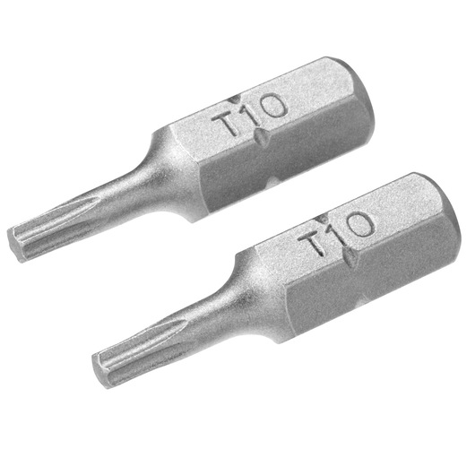 STANLEY STA61060 Torx T10 screwdriver bits, silver metal, pack of two, product photo on white background.