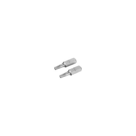 STANLEY STA61062 silver screwdriver bits set, two Torx bits, top view on white background.