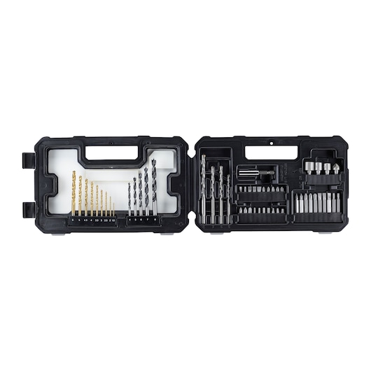 STANLEY STA7223 drill and bit set in open black plastic case, photographed from above on white background.