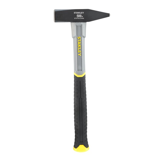 Photo of STANLEY STHT0-51908 black and yellow engineer hammer, front angle, textured handle, white background.