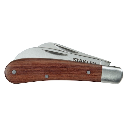 Stanley folding pocket knife with wooden handle and metal accents. Blades partially open.